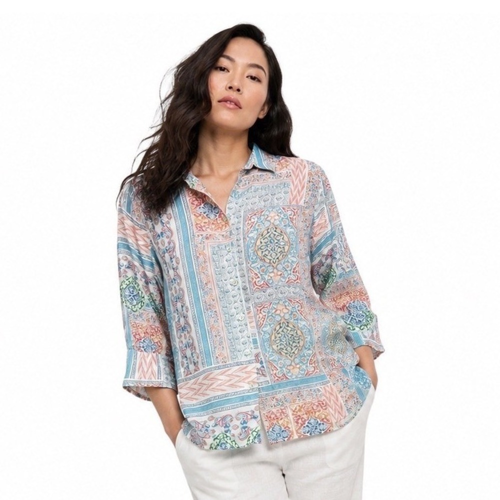 Chico's Button Up 100% Linen Paisley Patchwork Coastal Boho‎ Womens Sz 0 US 4